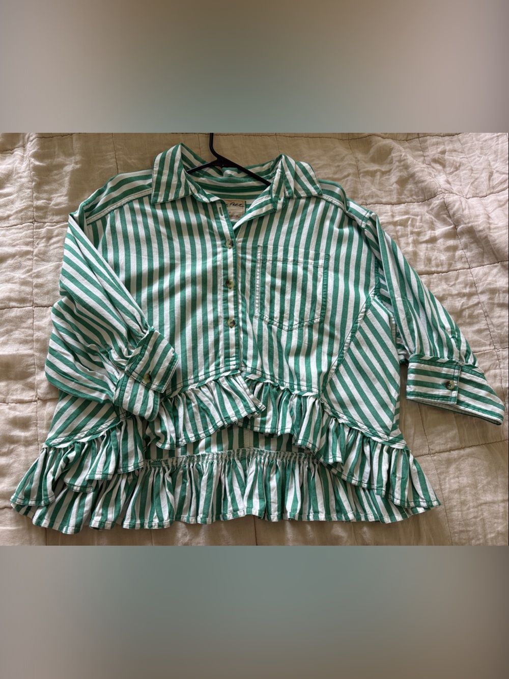 Free People Green & White Striped Ruffle Button-Down Top